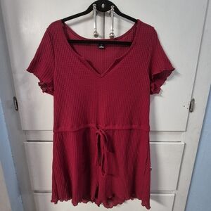 Shein Curve Womens Red Drawstring Waist Waffle Knit Romper Size 1XL